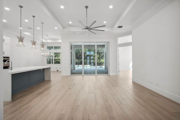 Empty room, Interior, Kitchen, Pendant Lights, Recessed Lighting, Wood Texture Flooring