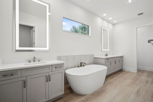 Bathroom, Dual Sink Vanities, Free Standing Baths, Interior, Recessed Lighting, Wood Texture Flooring