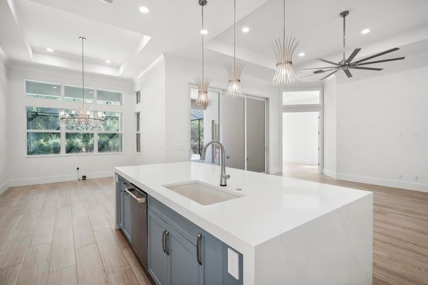 Chandelier, Interior, Kitchen, Pendant Lights, Recessed Lighting, Wood Texture Flooring