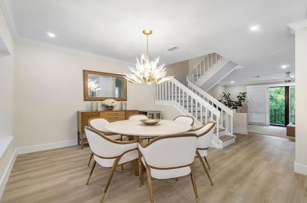 Dining room, Interior, Recessed Lighting, Wood Texture Flooring