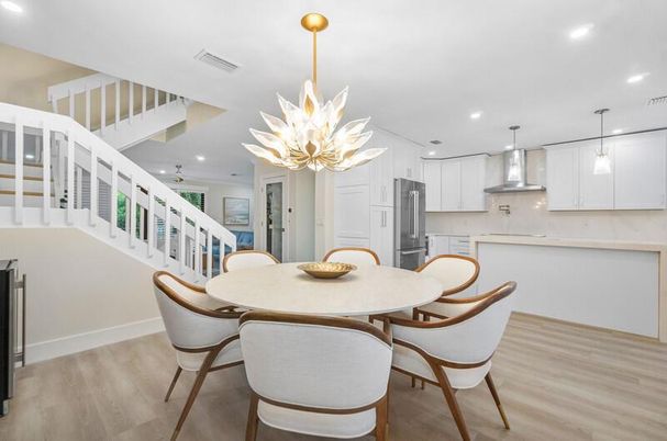 Dining room, Interior, Kitchen, Pendant Lights, Recessed Lighting, Stainless Steel Appliances, Wood Texture Flooring