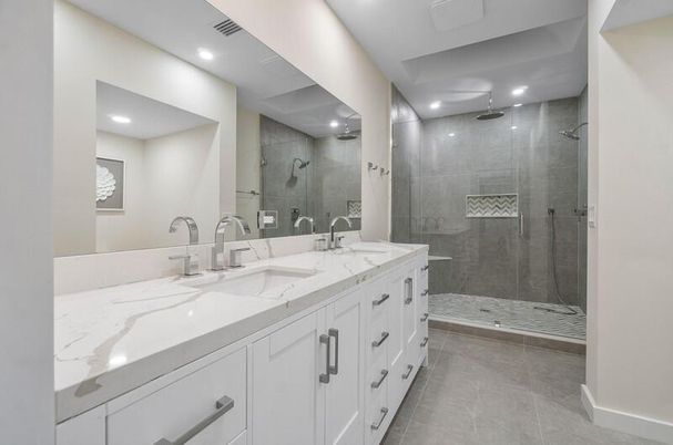 Bathroom, Dual Sink Vanities, Glass Shower, Interior, Recessed Lighting