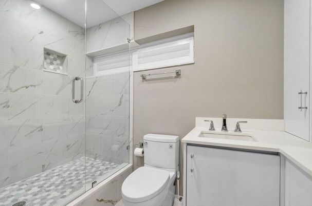Bathroom, Glass Shower, Interior, Marble Walls, Recessed Lighting