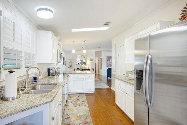 Interior, Kitchen, Pendant Lights, Stainless Steel Appliances, Wood Texture Flooring