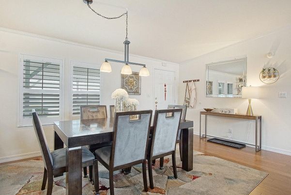 Dining room, Interior, Pendant Lights, Wood Texture Flooring