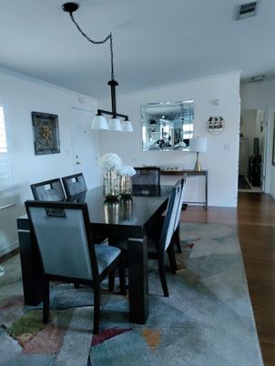 Dining room, Interior, Pendant Lights, Wood Texture Flooring