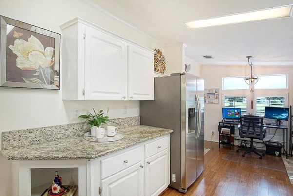 Home Office, Interior, Kitchen, Pendant Lights, Stainless Steel Appliances, Wood Texture Flooring