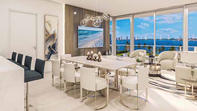 Dining room, Interior, Pendant Lights, Water