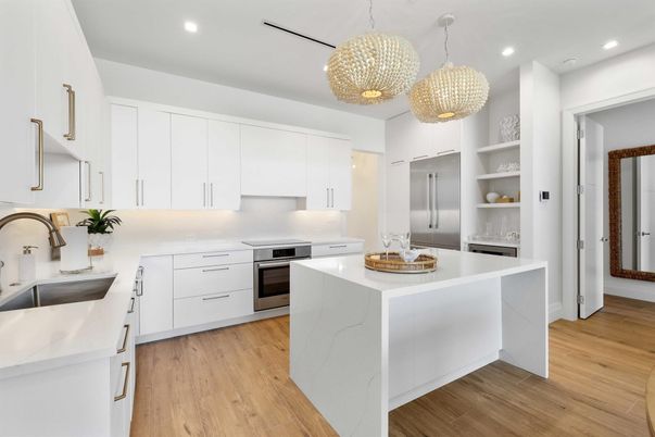Interior, Kitchen, Pendant Lights, Recessed Lighting, Stainless Steel Appliances, Wood Texture Flooring