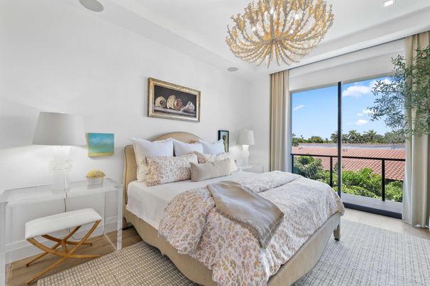 Bedroom, Chandelier, Interior, Recessed Lighting, Wood Texture Flooring