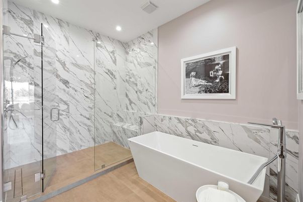 Bathroom, Free Standing Baths, Glass Shower, Interior, Marble Walls, Recessed Lighting