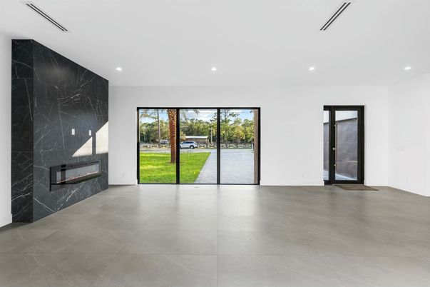 Empty room, Fireplace, Interior, Marble Walls, Recessed Lighting