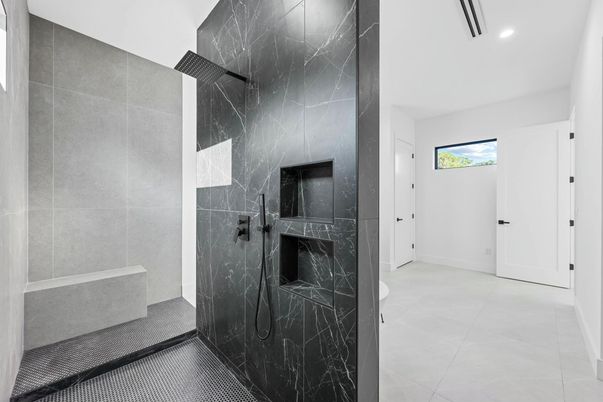Bathroom, Glass Shower, Interior, Marble Walls, Recessed Lighting
