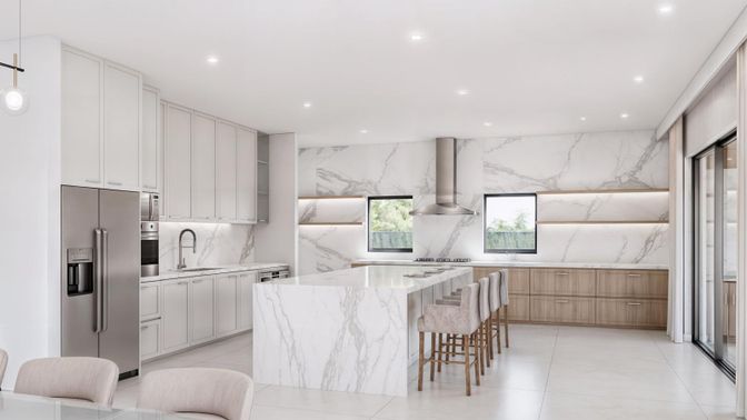 Interior, Kitchen, Marble Walls, Pendant Lights, Recessed Lighting, Stainless Steel Appliances