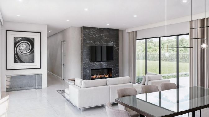Fireplace, Interior, Living room, Marble Walls, Pendant Lights, Recessed Lighting
