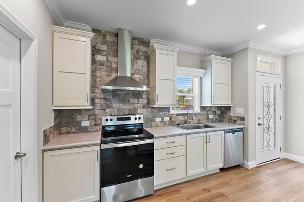 Interior, Kitchen, Recessed Lighting, Stainless Steel Appliances, Stone Walls, Wood Texture Flooring