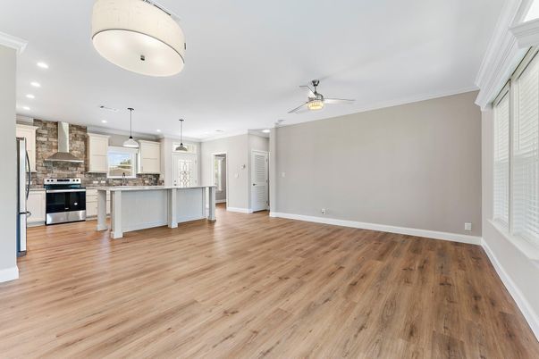 Interior, Kitchen, Pendant Lights, Recessed Lighting, Stone Walls, Wood Texture Flooring
