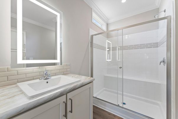 Bathroom, Glass Shower, Interior, Recessed Lighting, Wood Texture Flooring