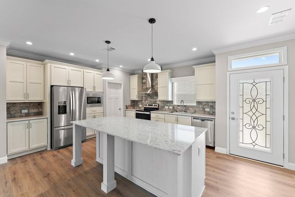 Interior, Kitchen, Pendant Lights, Recessed Lighting, Stainless Steel Appliances, Wood Texture Flooring