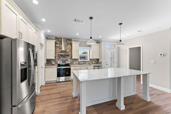 Interior, Kitchen, Pendant Lights, Recessed Lighting, Stainless Steel Appliances, Wood Texture Flooring