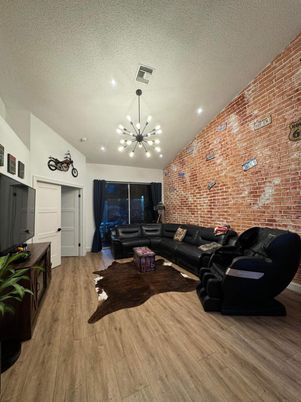 Interior, Living room, Pendant Lights, Recessed Lighting, Stone Walls, Wood Texture Flooring