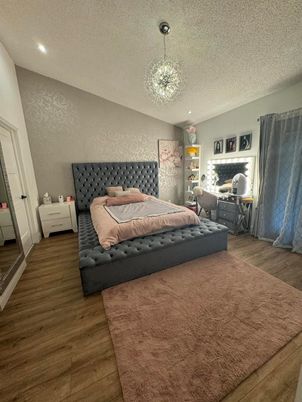 Bedroom, Chandelier, Interior, Recessed Lighting, Wood Texture Flooring