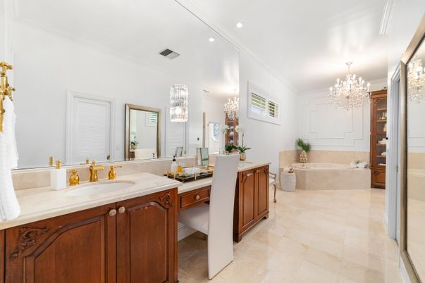 Bathroom, Chandelier, Dual Sink Vanities, Interior, Recessed Lighting