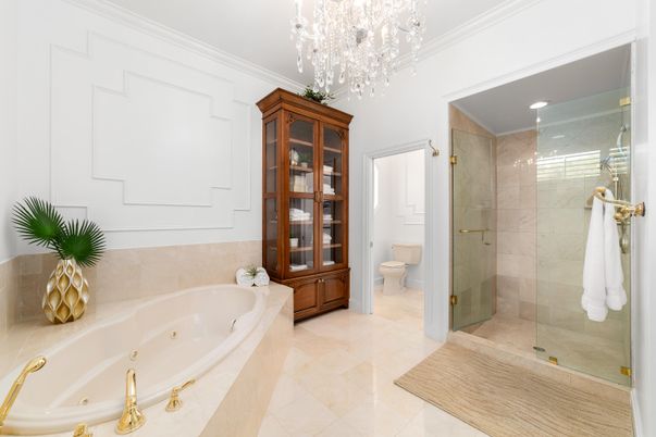 Bathroom, Chandelier, Glass Shower, Interior, Recessed Lighting