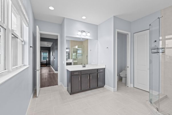 Bathroom, Glass Shower, Interior, Recessed Lighting, Wood Texture Flooring