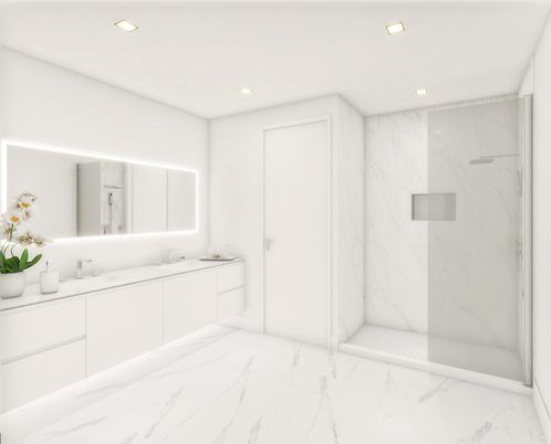 Bathroom, Glass Shower, Interior, Marble, Marble Walls, Recessed Lighting
