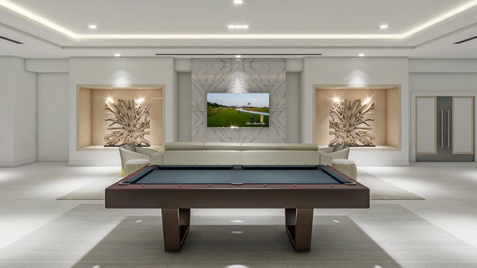 Billiard Table, Game Room, Interior, Marble Walls, Recessed Lighting
