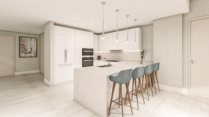 Interior, Kitchen, Marble, Pendant Lights, Recessed Lighting, Stainless Steel Appliances