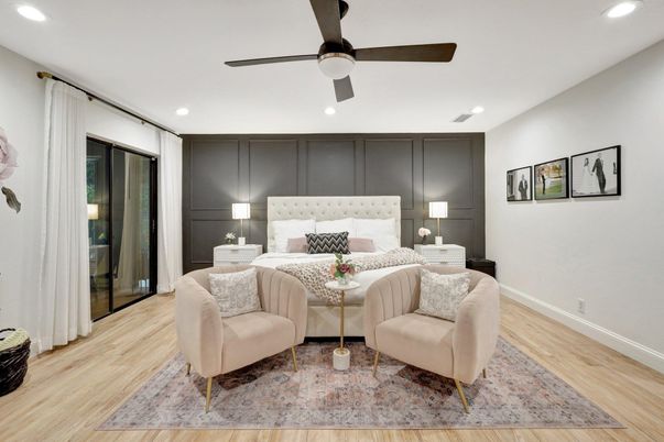 Bedroom, Interior, Recessed Lighting, Wood Texture Flooring
