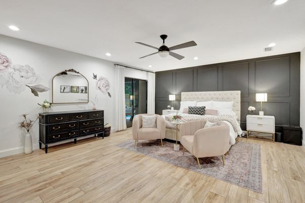 Bedroom, Interior, Recessed Lighting, Wood Texture Flooring