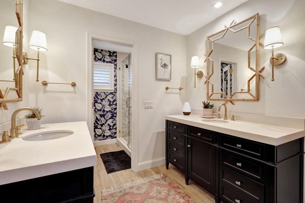 Bathroom, Dual Sink Vanities, Interior, Recessed Lighting, Wood Texture Flooring