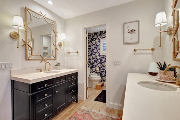 Bathroom, Dual Sink Vanities, Interior, Recessed Lighting, Wood Texture Flooring