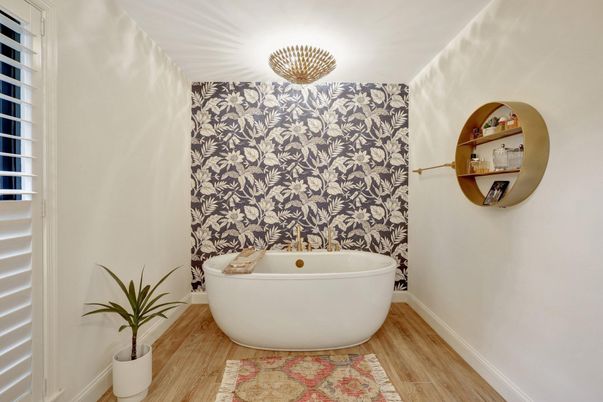 Bathroom, Free Standing Baths, Interior, Wood Texture Flooring