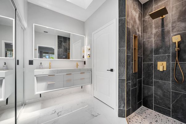 Bathroom, Dual Sink Vanities, Glass Shower, Interior, Marble