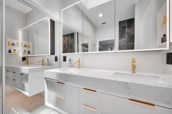 Bathroom, Dual Sink Vanities, Interior, Marble, Recessed Lighting