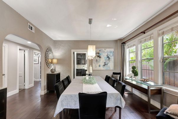 Dining room, Interior, Pendant Lights, Recessed Lighting, Wood Texture Flooring