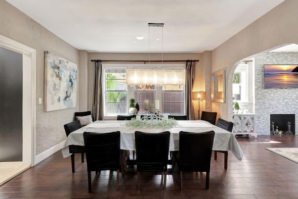 Dining room, Fireplace, Interior, Pendant Lights, Wood Texture Flooring