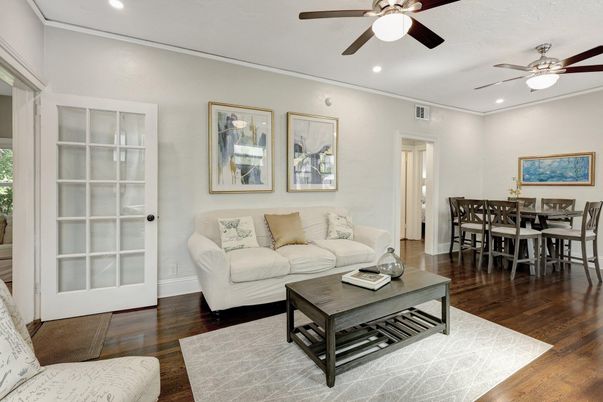 Dining room, Interior, Living room, Recessed Lighting, Wood Texture Flooring