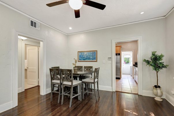 Dining room, Interior, Recessed Lighting, Wood Texture Flooring
