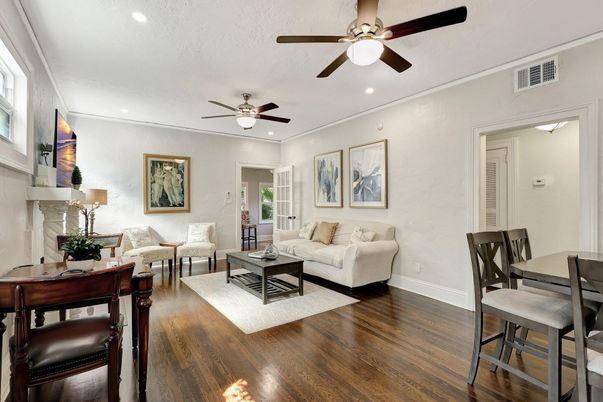 Dining room, Interior, Living room, Recessed Lighting, Wood Texture Flooring