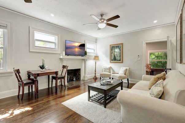 Dining room, Fireplace, Interior, Living room, Recessed Lighting, Wood Texture Flooring