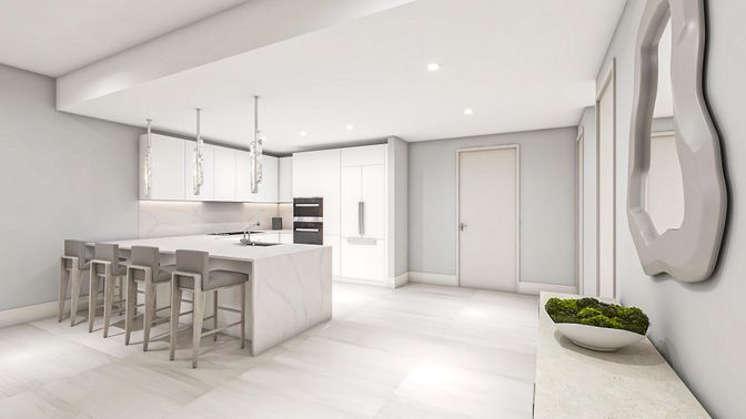 Interior, Kitchen, Marble Walls, Pendant Lights, Recessed Lighting, Stainless Steel Appliances