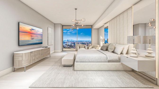 Bedroom, Interior, Pendant Lights, Wood Texture Flooring