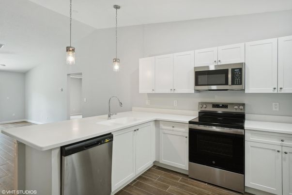 Interior, Kitchen, Pendant Lights, Stainless Steel Appliances, Wood Texture Flooring