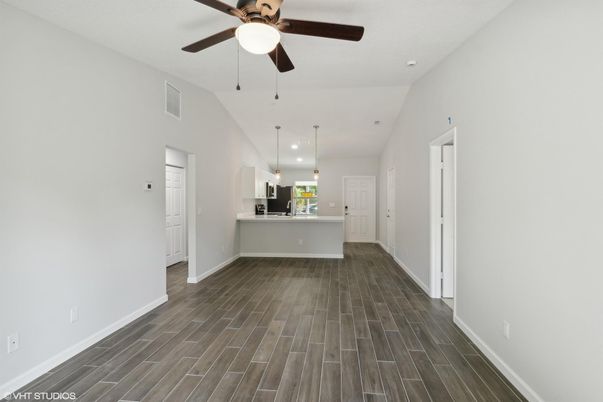 Empty room, Interior, Kitchen, Pendant Lights, Recessed Lighting, Wood Texture Flooring