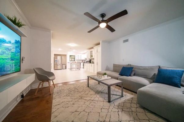 Interior, Kitchen, Living room, Recessed Lighting, Stainless Steel Appliances, Wood Texture Flooring